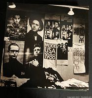 Black and white posters and merchandise of Depeche Mode band members and tour, showing MODE USA 1988
