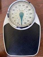 Front and top view of analog weight scale, showing large circular dial with numbers and brand Taylor.