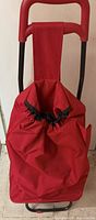 Front view of the red soft-sided shopping cart showing handle and drawstring closure top