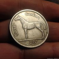 Reverse side of the Irish coin showing horse and denomination 2/6