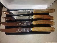 Four knives with antler handles and stainless steel blades laid in foam case