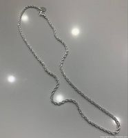 Full length photo of silver rope chain necklace laid out.