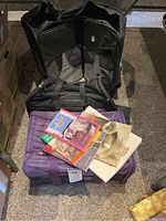 Two cat carriers stacked and partially open, with several cat care books laid on top.