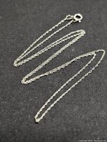 Close-up photo of delicate chain showing the thin linked design and spring ring clasp on a black background.