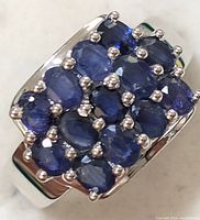 Top close-up showing rectangular cluster of fourteen oval faceted blue sapphires set in sterling silver with prong settings.