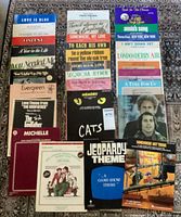 Full overhead shot of all sheet music booklets arranged in rows on a carpeted floor showcasing titles, condition, and variety.