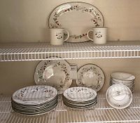 Complete view of dishes arranged on shelves showing plates, bowls, mugs, and one platter all with a floral berry pattern.