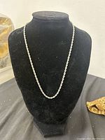 Front view of silver rope chain necklace displayed on black bust stand.