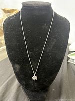 Full view of silver necklace on black display bust showing chain length and pendant shape.