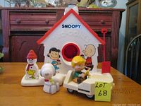 Photo of Snoopy Sno-Cone machine with Snoopy figurine, snowman figure, and Schroeder piano car on table