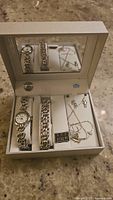 Full set of Ashley Ardan jewelry and watch displayed in box, including wristwatch, bracelet, necklace, and earrings.