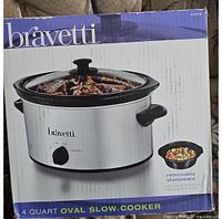 Box of Bravetti 4 quart oval slow cooker showing brand, photo of slow cooker with food inside, and removable stoneware feature.
