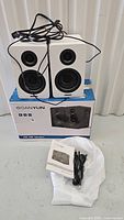 Pair of white Sanyun SW-208 bookshelf speakers on top of original box with cables and manual.
