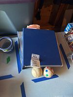 Two binders stacked on a table with two baseballs in front, showing overall lot contents.