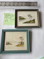 Two framed small watercolor paintings side by side with ruler above showing size approximately 6 x 4.5 inches.