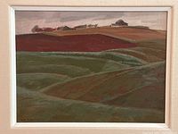 Close view of painted composition showing rolling fields and horizon