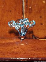 Photo of ring showing five oval, faceted clear Brazilian Goshenite stones in a raised cluster set on platinum plated silver band, resting on wooden surface.