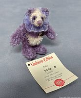 Close-up of the Hermann Teddy Jolie limited edition tag showing edition number 0092 and designer Ulrike Landfester.