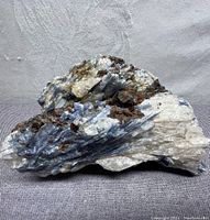 Clear view of blue kyanite crystal blades embedded in white quartz with dark red garnet clusters on the surface, showing natural textures and crystalline structure.