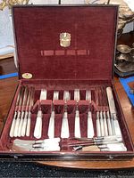 Full set of 24 pieces (knives and forks) arranged in the velvet-lined case.