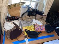 Photo shows 11 assorted purses and bags laid on a cardboard box near a window with sheer curtains