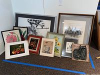 Full view of lot showing 9 various pieces of wall art on floor including framed prints of flowers, cityscape, and animals.