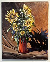 Full view of oil painting on canvas showing sunflowers in an orange vase, warm brown background with draped fabric and shadow detail.