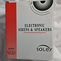 Box labeled for electronic sirens and speakers, model SDLS20W, 20 watt dual tone siren by Solex.