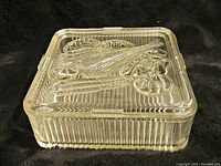 Clear square glass refrigerator dish with matching lid. Lid features embossed vegetables with ribbed pattern on dish sides.