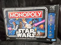 Image of Monopoly Star Wars 40th Anniversary Edition game box featuring main characters and logo.