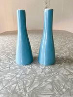 Two tapered vintage ceramic salt and pepper shakers, one sky blue and one white, standing upright on a table.