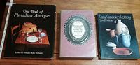 Three books arranged upright showing covers of 'The Book of Canadian Antiques', 'Nineteenth-Century Pottery and Porcelain in Canada', and 'Early Canadian Pottery'.