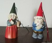 Photo showing front view of two vintage Swedish Christmas ornaments, a female and a male figure, displaying their colors and details.