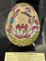 Vintage cloisonne enamel decorative egg with colorful floral and geometric patterns.
