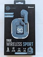 Front view of B Iconic True Wireless Sport Bluetooth ear pods packaging, showing ear pods and charging case with LED display in baby blue color.