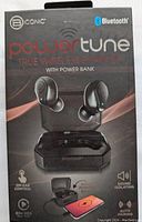 Box front showing Bionic Power Tune true wireless Bluetooth earbuds, with power bank, one-ear control, sound-isolating and 60+ hours use.