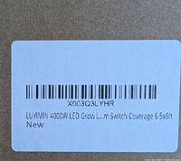 Close-up of label indicating "LUYIMIN 4000W LED Grow ... Switch Coverage 6.5x6ft New"