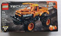 Front of LEGO Technic box showing Monster Jam El Toro Loco 2-in-1 pull-back vehicle with orange and black monster truck image
