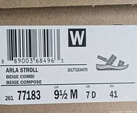 Photo of label with product details including ARLA STROLL model, beige combi color, US size 9.5 medium width, UK 7D, EU 41 size.