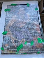 Poster wrapped in bubble wrap with green tape, showing full image but edges partly obscured