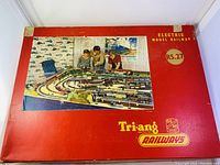 Top of original red box showing set title and Tri-Ang Railways branding with image of model railway setup.
