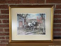 Framed limited edition print showing full view of Peter Etril Snyder artwork with rural scene and horses by a barn
