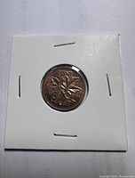 Reverse side of the 1976 Canadian penny showing two maple leaves and the denomination in the white cardboard holder.
