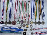 Full selection of 21 assorted medals featuring various sports and dance with attached ribbons in assorted colors.