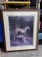 Framed picture showing two leopards, one standing and one lying down in a natural setting, with clear detailed spots and a decorative brown frame.