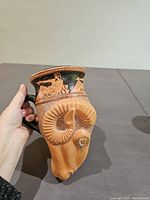Side view showing the mug's ram's head sculpt and the black-figure style ancient Greek painting around the rim.