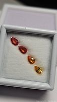Four pear-shaped sapphires in white cushioned display box, two orange-red and two golden yellow.