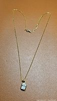 Full view of gold electroplated chain necklace laid flat over a brown background showing rectangular pendant.