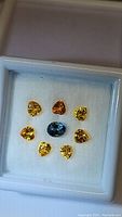 Top-down photo showing seven yellow heart cut sapphires surrounding one oval blue sapphire, all stones displayed on white cushion in a box.