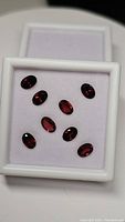 Eight oval cut almandine garnet gemstones displayed in a white jewelry box with a padded white insert.